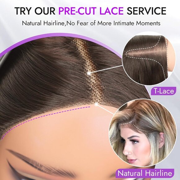 Brown Highlight Long Wavy Wig for Women, Pre-Cut HD Lace Natural Hairline 18" - Picture 3 of 5